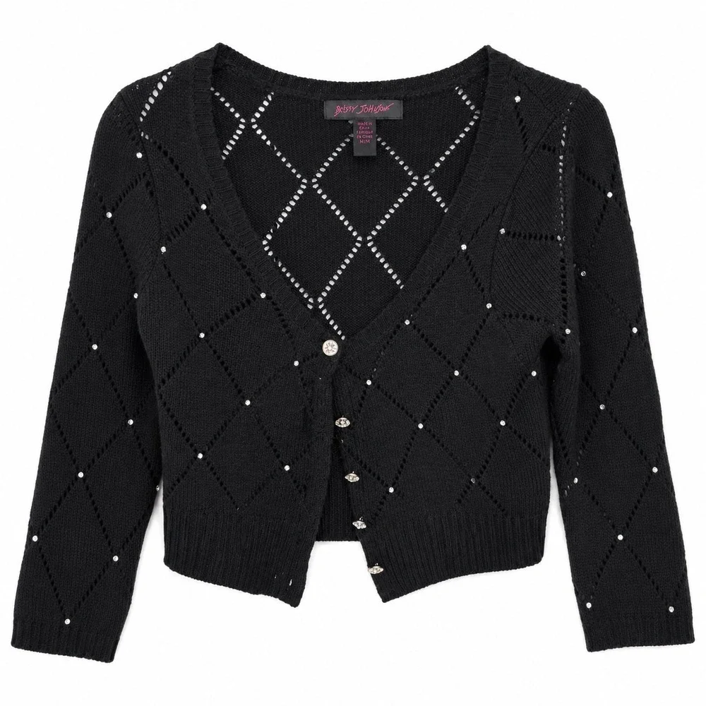 Betsey Johnson Black Cropped Cardigan M Rhinestone Argyle Knit 3/4 Sleeve Y2K - Picture 1 of 4